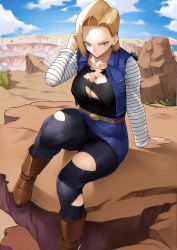 Rule 34 | 1girl, absurdres, android 18, black pantyhose, blonde hair, blue eyes, breasts, cleavage, collarbone, denim, denim jacket, denim skirt, dragon ball, dragonball z, forehead, highres, jacket, kuririn, large breasts, long hair, long sleeves, looking at viewer, pantyhose, parted bangs, skirt, solo, torn clothes, yoshio (55level)
