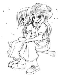 Rule 34 | 2girls, :d, alice margatroid, apron, blush, dress, female focus, full body, greyscale, hairband, hat, kirisame marisa, monochrome, multiple girls, murabito, open mouth, puffy short sleeves, puffy sleeves, shoes, short sleeves, simple background, smile, sneakers, touhou, waist apron, white background, witch hat