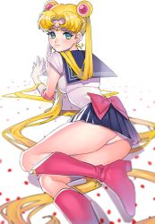 Rule 34 | 1990s (style), 1girl, absurdres, arutera, bad id, bad pixiv id, bishoujo senshi sailor moon, blonde hair, blue dress, blue eyes, blue sailor collar, blue skirt, boots, bow, double bun, dress, earrings, elbow gloves, gloves, hair bun, hair ornament, hairpin, highres, jewelry, knee boots, long hair, looking at viewer, looking back, magical girl, panties, pantyshot, red bow, ribbon, sailor collar, sailor moon, skirt, solo, steepled fingers, tiara, tsukino usagi, twintails, underwear, upskirt, very long hair, white background, white gloves, white panties