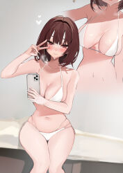 Rule 34 | 1girl, absurdres, bikini, blush, breasts, brown eyes, brown hair, cellphone, cleavage, closed mouth, collarbone, commentary request, grey background, heart, highres, holding, holding phone, large breasts, looking at viewer, multiple views, navel, niku (hamuchang), original, phone, short hair, side-tie bikini bottom, sitting, smile, swimsuit, thighs, v, wet, white bikini