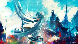 Rule 34 | 1girl, absurdres, black sleeves, black thighhighs, blue eyes, blue hair, blue nails, blue necktie, blue skirt, blue sky, cloud, cowboy shot, detached sleeves, floating hair, from side, grey shirt, grey skirt, hair between eyes, hair ornament, hatsune miku, hatsune miku (vocaloid3), highres, layered skirt, long hair, long sleeves, miniskirt, nail polish, necktie, open mouth, outdoors, pleated skirt, profile, shirt, sig2511, skirt, sky, sleeveless, sleeveless shirt, solo, standing, thighhighs, twintails, twitter username, two-tone skirt, very long hair, vocaloid, zettai ryouiki
