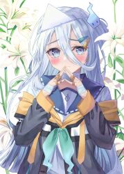 Rule 34 | 1girl, bandaged hand, bandaged neck, bandages, bandaid, bandaid on hand, blue eyes, blue sailor collar, blush, closed mouth, commentary request, flower, grey hair, grey jacket, highres, hitodama, jacket, long hair, looking at viewer, off shoulder, one side up, ribbon trim, sailor collar, shirt, solo, steepled fingers, sutei (xfzdarkt), suzutuki sui, triangular headpiece, varium, very long hair, virtual youtuber, white background, white flower, white headwear, white shirt