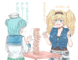 Rule 34 | 2girls, aqua skirt, az toride, black shirt, blonde hair, blue eyes, blue hair, blue sailor collar, blue shirt, breast pocket, breasts, commentary request, double bun, gambier bay (kancolle), gloves, hairband, jenga, kantai collection, large breasts, long sleeves, multicolored clothes, multiple girls, playing games, pleated skirt, pocket, sailor collar, samuel b. roberts (kancolle), school uniform, serafuku, shirt, short hair, simple background, skirt, sleeve cuffs, table, tied shirt, translation request, twintails, upper body, white background, white shirt