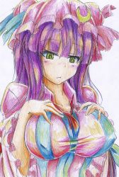 Rule 34 | 1girl, bad id, bad pixiv id, bow, breasts, colored pencil (medium), covered erect nipples, female focus, green eyes, hair bow, hands on own chest, hat, highres, kitazinger, large breasts, long hair, patchouli knowledge, purple eyes, solo, touhou, traditional media, upper body, very long hair