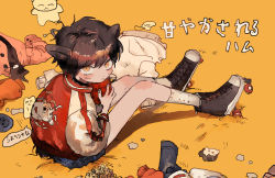 Rule 34 | 1boy, animal ears, bare legs, black footwear, brown hair, cat ears, commentary request, converse, denim, denim shorts, dobunomeme, from above, highres, holding, jacket, letterman jacket, long sleeves, looking at viewer, male focus, on ground, orange eyes, original, parted lips, red jacket, short hair, shorts, sitting, socks, solo, speech bubble, translation request, very short hair, white socks, yellow background