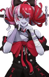 Rule 34 | absurdres, bandages, bow, bowtie, choker, crazy eyes, crazy smile, curly hair, highres, hololive, hololive indonesia, kureiji ollie, multicolored eyes, multicolored hair, shadowcero, smile, stitches, sword, virtual youtuber, weapon, zombie