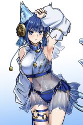 1girl absurdres animal_ears arm_up armpits blue_eyes blue_hair blue_panties breasts cat_ears cat_girl cat_tail contrapposto crop_top detached_sleeves duel_monster highres large_breasts looking_at_viewer navel ni-ni_the_mirror_mikanko panties see-through_clothes simple_background standing synchroman tail underwear yu-gi-oh!