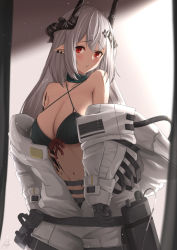 Rule 34 | 1girl, arknights, bare shoulders, bikini, black bikini, black choker, black gloves, breasts, choker, cleavage, collarbone, cowboy shot, criss-cross halter, earrings, front-tie bikini top, front-tie top, frown, gloves, hair ornament, halterneck, horns, infection monitor (arknights), jewelry, large breasts, long hair, looking at viewer, material growth, mudrock (arknights), mudrock (elite ii) (arknights), navel, nev (nevblindarts), off shoulder, oripathy lesion (arknights), parted lips, pointy ears, red eyes, sidelocks, silver hair, solo, standing, stomach, string bikini, swimsuit