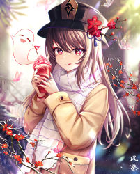 Rule 34 | 1girl, :q, absurdres, alternate costume, black hat, black nails, blurry, boo tao (genshin impact), branch, brown coat, brown hair, bug, butterfly, coat, cup, day, depth of field, flower, flower-shaped pupils, food, genshin impact, ghost, hands up, hat, hat flower, hat tassel, highres, holding, holding cup, holding food, holding ice cream, hu tao (genshin impact), ice cream, insect, jewelry, kazamatsuri honatsu, light particles, long hair, long sleeves, looking at viewer, mini flag, multiple rings, nail polish, outdoors, plum blossoms, pocket, porkpie hat, red eyes, ring, scarf, sidelocks, solo, sundae, sunlight, symbol-shaped pupils, tongue, tongue out, tree, upper body, white scarf