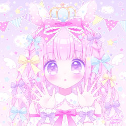 Rule 34 | 1girl, :o, animal ears, bare shoulders, blue bow, blush, bow, braid, commentary request, crown, diagonal stripes, frilled bow, frills, hair bow, hands up, himetsuki luna, long hair, looking at viewer, mini crown, original, parted lips, pennant, pink bow, pink hair, polka dot, purple background, purple hair, rabbit ears, signature, solo, string, string of fate, striped, upper body, vertical stripes, wrist cuffs, yellow bow