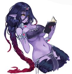 Rule 34 | 1girl, apophis (monster girl encyclopedia), armlet, barbariank, bare shoulders, black hair, black sclera, blush, book, bracelet, braid, breasts, colored sclera, colored skin, commentary, earrings, english commentary, gradient hair, hair between eyes, hand on own chest, heart, holding, holding book, jewelry, lamia, large breasts, long hair, looking away, monster girl, monster girl encyclopedia, multicolored hair, navel, open book, pelvic curtain, pink hair, pointy ears, purple skin, reading, scales, simple background, solo, stomach, underboob, very long hair, white background, yellow eyes