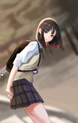Rule 34 | 1girl, absurdres, arms behind back, backpack, bag, black hair, black skirt, blunt bangs, blurry, blurry background, bob cut, brown eyes, brown vest, checkered clothes, checkered skirt, closed mouth, facial mark, from side, highres, looking at viewer, looking to the side, mac star, miniskirt, original, own hands together, shirt, short hair, skirt, smile, solo, standing, star (symbol), star facial mark, twitch logo, vest, white shirt
