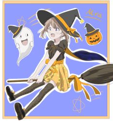 Rule 34 | 1girl, 1other, black thighhighs, blush, bow, broom, cape, character name, dot nose, dress, fang, ghost, halloween, halloween costume, hat, highres, holding, holding broom, jack-o&#039;-lantern, koisuru asteroid, konohata mira, medium hair, multicolored eyes, open mouth, qb (qb46311027), riding, shoes, short sleeves, star (symbol), star thighhighs, thighhighs, witch, witch broom, witch hat