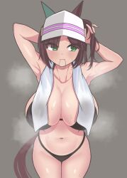 Rule 34 | 1girl, :3, absurdres, animal ears, armpits, arms up, bikini, black bikini, breasts, brown hair, cleavage, closed mouth, collarbone, cowboy shot, curvy, diagonal bangs, ear covers, from above, green eyes, grey background, highres, horse ears, horse girl, horse tail, huge breasts, ines fujin (umamusume), looking to the side, mouth hold, navel, puchimosu (mosu1427), simple background, single ear cover, smile, solo, steam, swimsuit, tail, thigh gap, tsurime, tying hair, umamusume, visor cap