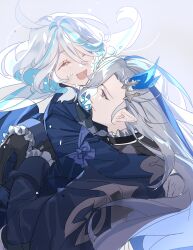 Rule 34 | 1boy, 1girl, absurdres, ahoge, black gloves, blue hair, blue jacket, blush, closed eyes, closed mouth, commentary, crying, english commentary, feather hair ornament, feathers, furina (genshin impact), genshin impact, gloves, gradient background, hair between eyes, hair ornament, happy, highres, hug, jacket, light blue hair, long hair, lower teeth only, mona0101, multicolored hair, neuvillette (genshin impact), open mouth, pointy ears, sidelocks, smile, streaked hair, tears, teeth, two-tone hair