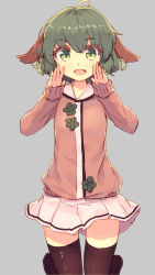 Rule 34 | 1girl, animal ears, black thighhighs, blush, fang, green eyes, green hair, highres, kasodani kyouko, long sleeves, looking at viewer, matching hair/eyes, miniskirt, open mouth, shone, short hair, simple background, sketch, skirt, sleeves past wrists, smile, solo, sweater, thighhighs, touhou, zettai ryouiki
