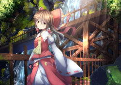Rule 34 | 1girl, ascot, bad id, bad pixiv id, blush, bow, brown eyes, brown hair, chinomaron, dappled sunlight, detached sleeves, fence, frog, hair bow, hair tubes, hakurei reimu, highres, layered skirt, long hair, looking at viewer, moss, nature, red bow, red skirt, sarashi, sidelocks, skirt, sleeves past wrists, smile, solo, sunlight, touhou, tree, tree shade, vest, water, waterfall, wooden bridge, wooden fence