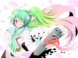 Rule 34 | 1girl, blush, cherry blossoms, earbuds, earphones, glasses, gradient hair, graduation, green hair, hair ornament, hairclip, hatsune miku, long hair, multicolored hair, musical note, pink eyes, solo, sukage, tongue, twintails, very long hair, vocaloid, wink