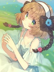 Rule 34 | 1girl, artist request, black ribbon, blush, bow, breasts, brown hair, collarbone, dress, flower, green eyes, hair ornament, hair ribbon, headband, highres, leia rolando, looking at viewer, meadow, ribbon, short hair, small breasts, smile, tales of (series), tales of xillia, white dress