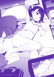Rule 34 | 1girl, :q, backpack, bag, bag charm, barefoot, bed, camisole, charm (object), unworn clothes, feet, full body, hayashi (l8poushou), looking at phone, lying, monochrome, navel, on back, on bed, original, phone, purple theme, randoseru, recording, school bag, short hair, solo, tissue box, tongue, tongue out, underwear, underwear only