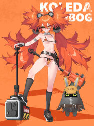 1girl bangboo_(zenless_zone_zero) bikini black_bikini black_gloves breasts character_name clenched_teeth eyepatch fingerless_gloves full_body gloves gluteal_fold hair_between_eyes hammer highres holding holding_hammer koleda_belobog long_hair looking_at_viewer low_twintails medium_breasts navel orange_background orange_eyes orange_hair safety_(zenless_zone_zero) sharp_teeth simple_background smile solo standing swimsuit teeth twintails very_long_hair waterring zenless_zone_zero