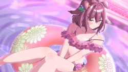 Rule 34 | 1girl, absurdres, alternate costume, animal ears, between legs, blue eyes, blurry, blurry background, blush, breasts, cleavage, closed mouth, collarbone, commentary request, flower, hair between eyes, hair flower, hair ornament, hand between legs, highres, horse ears, innertube, navel, pink hair, sakura chiyono o (umamusume), sitting, small breasts, solo, swim ring, swimsuit, tracen swimsuit, umamusume, yaya eshage