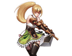 Rule 34 | 1girl, bare shoulders, black gloves, blonde hair, brown eyes, bustier, closed mouth, colored skin, commentary, cowboy shot, elbow gloves, english commentary, fingerless gloves, foreshortening, garter straps, gauntlets, gloves, green skin, highres, holding, holding sword, holding weapon, jungon kim, long hair, original, ponytail, simple background, solo, standing, sword, thighhighs, tiara, two-handed, weapon, white background