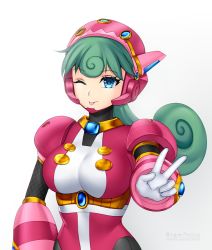 Rule 34 | 1girl, android, armor, bodysuit, breasts, gigamessy, green hair, happy, jewel, large breasts, marino (mega man), one eye closed, mega man (series), mega man x (series), mega man x: command mission, skin tight, smile, standing, tagme, tight clothes, v