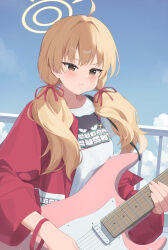Rule 34 | 1girl, absurdres, ahoge, blonde hair, blue archive, blush, closed mouth, electric guitar, guitar, halo, highres, holding, holding instrument, hotarihotaru, instrument, jacket, long hair, long sleeves, official alternate costume, open clothes, open jacket, red jacket, shirt, solo, twintails, white shirt, yellow eyes, yellow halo, yoshimi (band) (blue archive), yoshimi (blue archive)