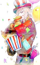 Rule 34 | 1boy, american flag hat, balloon, belt, bishounen, burger, candy, colored skin, confetti, denim, doughnut, earrings, fate/apocrypha, fate/grand order, fate (series), food, food in mouth, food on face, french fries, half-closed eyes, hat, jeans, jewelry, karna (fate), karna (traveling outfit) (fate), lollipop, male focus, pants, popcorn, red shirt, shirt, simple background, soda, solo, top hat, tori shiru, white background, white hair, white skin