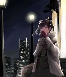Rule 34 | 1girl, belt, belt buckle, black belt, blush, brown coat, brown hair, brown skirt, buckle, building, coat, commentary request, covered mouth, doran (dorannomai), double bun, grey skirt, hands up, highres, idolmaster, idolmaster shiny colors, lamppost, long hair, mittens, night, night sky, open clothes, open coat, outdoors, red eyes, red mittens, side bun, skirt, sky, skyscraper, solo, sonoda chiyoko, twintails