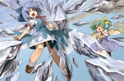 Rule 34 | 2girls, asymmetrical hair, blue dress, blue eyes, blue hair, blue sky, bow, cirno, daiyousei, dress, embodiment of scarlet devil, closed eyes, fairy wings, fang, flying, green hair, hair bow, hair ribbon, hands on own cheeks, hands on own face, ice, ice wings, lake, looking at viewer, multiple girls, open mouth, puffy short sleeves, puffy sleeves, ribbon, shirt, short sleeves, side ponytail, sky, smile, touhou, wings, ysk!