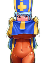 Rule 34 | 1girl, blue hair, blush, bodysuit, breasts, dragon quest, dragon quest iii, gloves, hat, impossible clothes, large breasts, long hair, looking at viewer, misonou hirokichi, mitre, orange bodysuit, priest (dq3), red eyes, skin tight, solo, spandex, tabard
