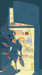 Rule 34 | 1girl, absurdres, bloomers, box, burger, cake, can, chungsae, cyborg, dark, drink can, food, frown, george the bomb, gloves, highres, night, off shoulder, one eye closed, pajamas, peacock (skullgirls), pillow, red eyes, refrigerator, skullgirls, soda can, solo, underwear, vice-versa (skullgirls)