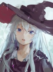 Rule 34 | 1girl, blue eyes, brown hat, coat, commentary, elaina (majo no tabitabi), english commentary, hat, head tilt, long hair, looking at viewer, majo no tabitabi, noccu, parted lips, sketch, solo, sparkle, upper body, white hair, witch hat