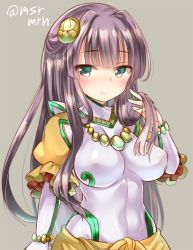 Rule 34 | 1girl, acala (p&amp;d), adjusting hair, bad id, bad pixiv id, blush, bracelet, breasts, covered erect nipples, green eyes, grey hair, impossible clothes, jewelry, long hair, looking at viewer, mashiro miru, necklace, puffy short sleeves, puffy sleeves, puzzle &amp; dragons, see-through, short sleeves, skin tight, smile, solo, twitter username, very long hair