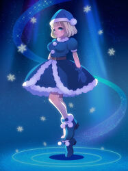Rule 34 | 1girl, :3, belt, blonde hair, blue background, blue bow, blue dress, blue eyes, blue footwear, blue gloves, blue hat, blue theme, blunt bangs, blush, bow, breasts, closed mouth, dress, female focus, footwear bow, fuji sono, fur-trimmed dress, fur-trimmed footwear, fur-trimmed headwear, fur trim, gloves, happy, hat, high heels, highres, leg up, light blush, light particles, looking at viewer, medium breasts, original, pom pom (clothes), puffy short sleeves, puffy sleeves, santa hat, shoes, short dress, short hair, short sleeves, sidelocks, smile, snowflakes, solo, sparkle, standing, standing on one leg, tiptoes