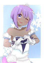 Rule 34 | 1girl, ;d, bare shoulders, blue background, blush, bracelet, breasts, collarbone, dark-skinned female, dark skin, dress, fate/prototype, fate/prototype: fragments of blue and silver, fate (series), gloves, hair between eyes, hassan of serenity (fate), head tilt, heart, heart hands, i.u.y, jewelry, one eye closed, open mouth, pearl bracelet, purple eyes, purple hair, round teeth, sidelocks, small breasts, smile, solo, star (symbol), strapless, strapless dress, teeth, tiara, two-tone background, upper teeth only, white background, white dress, white gloves