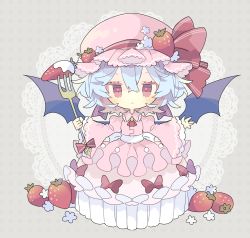 Rule 34 | 1girl, arms up, ascot, back bow, bat wings, belt, berry, blue hair, blush, bow, chibi, closed mouth, collared dress, commentary, cream, dress, dress bow, flower, food, fork, frills, fruit, grey background, grey flower, hair between eyes, hands up, hat, hat ribbon, heart, highres, juliet sleeves, leaf, long dress, long sleeves, looking at viewer, mob cap, nikorashi-ka, pink dress, pink eyes, pink hat, pom pom (clothes), puffy sleeves, red ascot, red bow, red ribbon, remilia scarlet, ribbon, short hair, solo, standing, strawberry, symbol-only commentary, touhou, white background, white belt, white bow, white flower, wide sleeves, wings