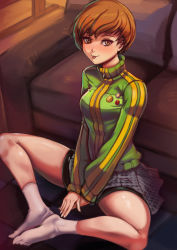 Rule 34 | 1girl, absurdres, badge, bike shorts, brown eyes, brown hair, couch, feet together, highres, jersey, knees apart feet together, light blush, persona, persona 4, satonaka chie, school uniform, short hair, shorts, shorts under skirt, sitting, skirt, smile, socks, solo, toasty scones, tongue, tongue out, yasogami school uniform