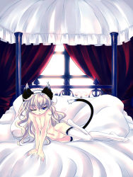 Rule 34 | animal ears, bed, cat ears, cat tail, feet, highres, nanamiso, nude, one eye closed, solo, tail, thighhighs, wink