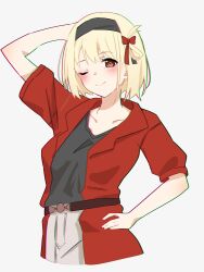 Rule 34 | 1girl, absurdres, anime oekaki13, black hairband, blonde hair, coat, commentary request, grey background, hair ribbon, hairband, hand on own hip, highres, looking at viewer, lycoris recoil, nishikigi chisato, one eye closed, red coat, red eyes, red ribbon, ribbon, short hair, short sleeves, simple background, solo, upper body