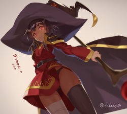 Rule 34 | 1girl, artist name, bandaged leg, bandages, beige background, belt, black hair, black panties, black thighhighs, blush, cape, commentary request, dress, from below, glowing, glowing eye, hat, highres, holding, holding staff, kabocha (monkey4), kono subarashii sekai ni shukufuku wo!, long sleeves, looking at viewer, megumin, panties, red dress, red eyes, short hair, simple background, single thighhigh, solo, staff, thighhighs, translation request, underwear, witch hat
