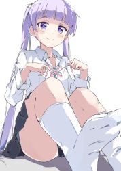 Rule 34 | 1girl, blunt bangs, closed mouth, commentary request, highres, long hair, long sleeves, looking at viewer, new game!, pink ribbon, purple eyes, purple hair, rauto, ribbon, shirt, simple background, sitting, smile, socks, solo, suzukaze aoba, twintails, white background, white shirt