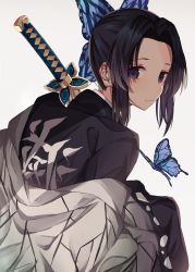 Rule 34 | 1girl, absurdres, animal, black hair, black jacket, bug, butterfly, butterfly hair ornament, clothes writing, commentary request, forehead, grey background, hair ornament, highres, insect, jacket, katana, kimetsu no yaiba, kochou shinobu, looking at viewer, looking back, norazura, off shoulder, open clothes, parted bangs, purple eyes, sidelocks, simple background, solo, sword, translation request, weapon