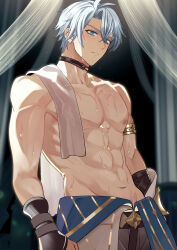 1boy abs antenna_hair armlet black_choker black_gloves blue_eyes blurry blurry_background choker closed_mouth collarbone commentary crossed_bangs fingerless_gloves gloves grey_pants hair_between_eyes highres honkai:_star_rail honkai_(series) jewelry looking_at_viewer male_focus navel nipples pants parted_bangs pectorals phainon_(honkai:_star_rail) short_hair solo split_mouth standing stomach symbol-only_commentary towel towel_on_one_shoulder wet wet_hair white_hair wokome