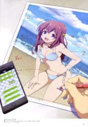 Rule 34 | 1girl, absurdres, arrow (symbol), bikini, blush, bow, breasts, cellphone, cleavage, collarbone, disembodied hand, girlish number, hair bow, hand on own thigh, highres, ibata shouta, karasuma chitose (girlish number), long hair, looking at viewer, magazine scan, mechanical pencil, medium breasts, megami deluxe, navel, official art, open mouth, page number, pencil, phone, photo (object), purple eyes, red hair, scan, smartphone, smile, solo, swimsuit, translation request, yellow bow