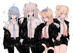 Rule 34 | 4girls, ahoge, animal ears, arm on another&#039;s shoulder, black hair, black jacket, black pants, black shorts, black suit, black thighhighs, blonde hair, blouse, blue bow, blue eyes, blue hair, blue neckwear, bow, breasts, closed mouth, collared shirt, commentary, cowboy shot, double bun, dress shirt, expressionless, flower, formal, fox ears, gloves, green eyes, hair between eyes, hair bow, hair bun, hair flower, hair ornament, hand in pocket, heart, heart ahoge, high-waist shorts, highres, hololive, jacket, jitome, kakult2017, light blue hair, lion ears, long hair, looking at viewer, medium breasts, momosuzu nene, multicolored hair, multiple girls, necktie, nepolabo, off shoulder, omaru polka, open clothes, open jacket, orange neckwear, pant suit, pants, partially unbuttoned, pink eyes, pink hair, pointy ears, purple neckwear, red neckwear, shirt, shirt tucked in, shishiro botan, short shorts, shorts, side-by-side, silver hair, simple background, streaked hair, suit, thighhighs, two side up, virtual youtuber, white background, white gloves, white shirt, wing collar, yellow eyes, yukihana lamy, zettai ryouiki