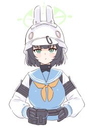Rule 34 | 1girl, animal ears, armband, black gloves, black hair, blanchat, blue archive, blue sailor collar, blush stickers, breasts, commentary, fake animal ears, gloves, green eyes, halo, hands on own hips, helmet, highres, long sleeves, medium breasts, neckerchief, rabbit ears, sailor collar, saki (blue archive), school uniform, serafuku, serious, short hair, solo, upper body, v-shaped eyebrows, white background, yellow neckerchief