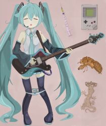 Rule 34 | 1girl, absurdres, aqua hair, aqua necktie, bare shoulders, black footwear, black skirt, black sleeves, blue hair, blue necktie, boots, bow, bow panties, bug, cicada, detached sleeves, game console, green hair, grey shirt, hair ornament, hatsune miku, headphones, headset, highres, insect, long hair, moth, naaga sonomono, necktie, open mouth, panties, pleated skirt, shirt, skirt, sleeveless, sleeveless shirt, striped clothes, striped panties, syringe, thigh boots, thighhighs, twintails, underwear, very long hair, vocaloid